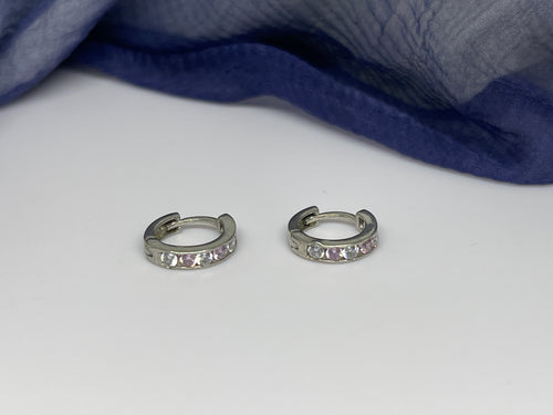 925 Silver White and Light Pink Color Stone Hoop Earrings