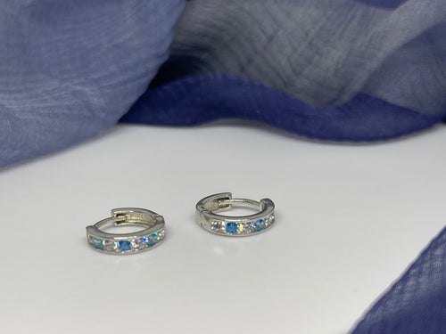 925 Silver White and Light Blue Color Stone Hoop Earrings